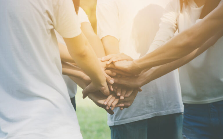 Team teamwork business join hand together concept, Power of volunteer charity work, Stack of people hand